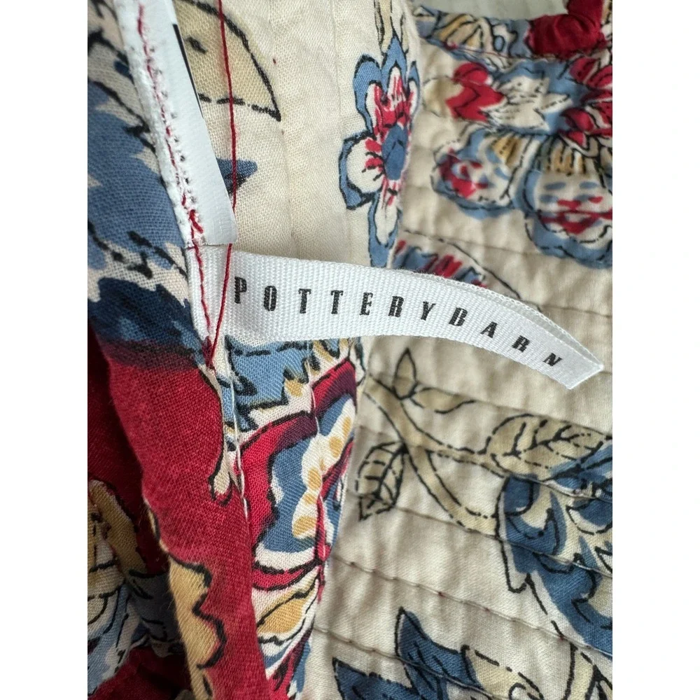Pottery Barn Quilted Chair Pad Red Floral Block Print Tie Back Seat Cushion